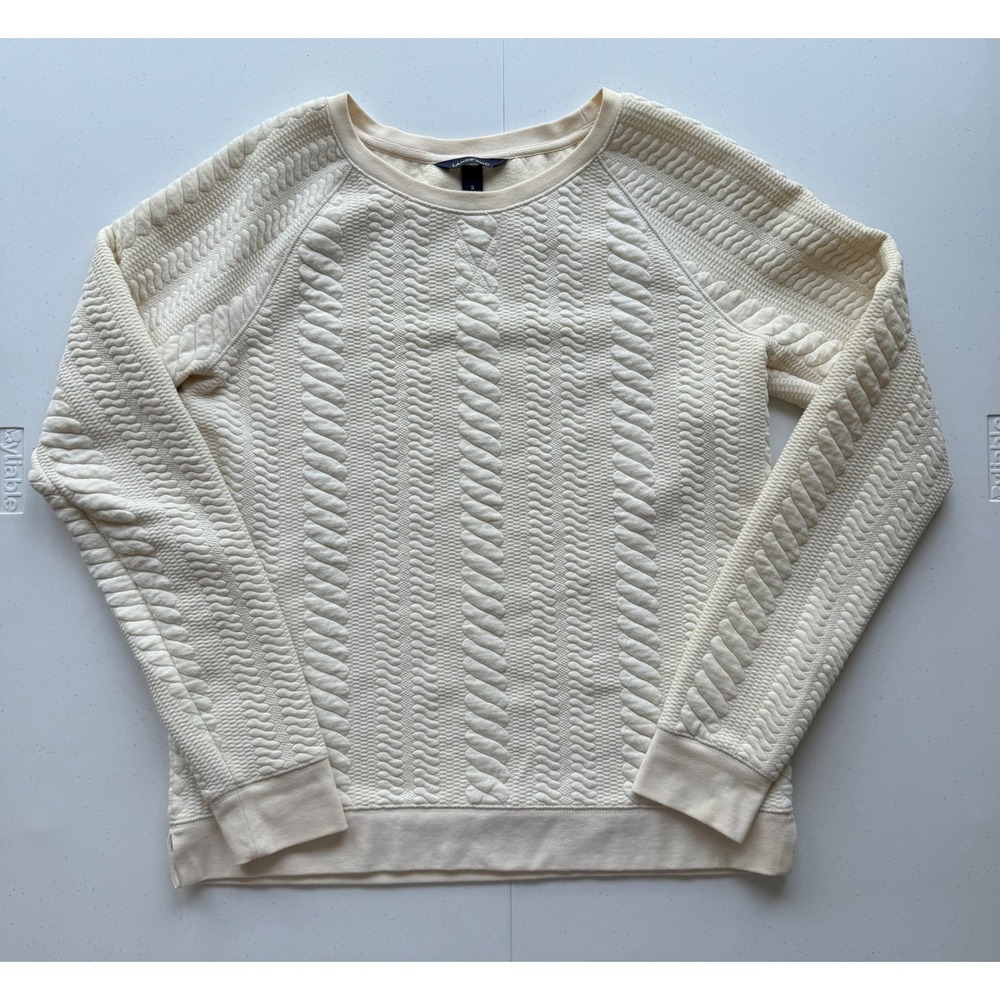Lands End Quilted Cable‎ Crew Neck Cream Sweatshirt Small Fisherman Coastal